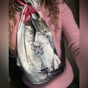 100% Silk Scarf Watercolor Floral Sailboat Birds Design Silver White